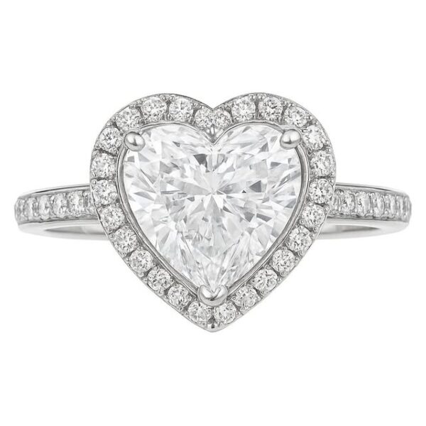 Anello solitario CUORE con contorno e lungo il gambo in cubic zirconia taglio brillante .