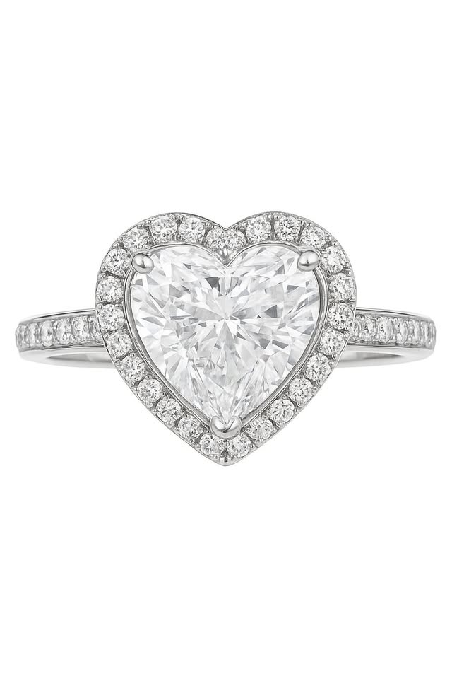 Anello solitario CUORE con contorno e lungo il gambo in cubic zirconia taglio brillante .
