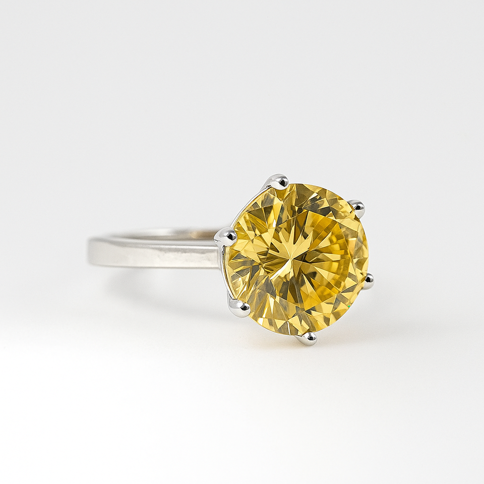 Anello Solitario in argento 925 pietra 10 mm bianca taglio brillante con baguette laterali
